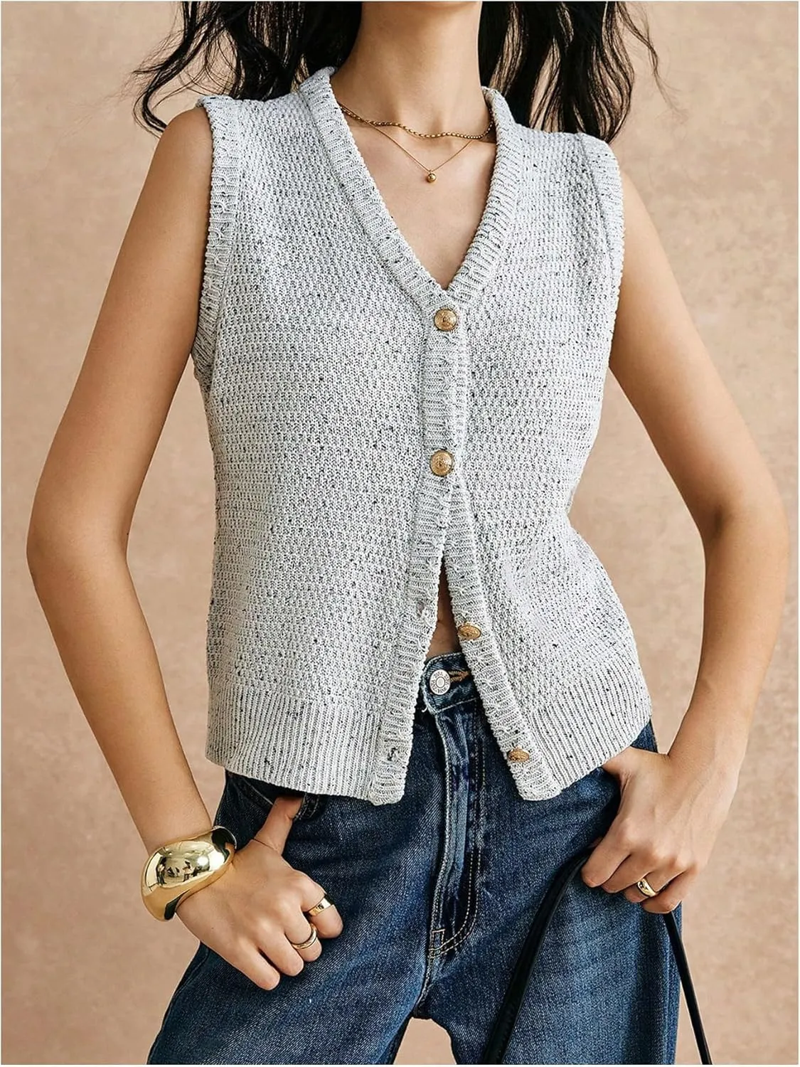 Women's V Neck Sweater Vest Button Down Sleeveless Vest Cardigan Casual Knit Vest