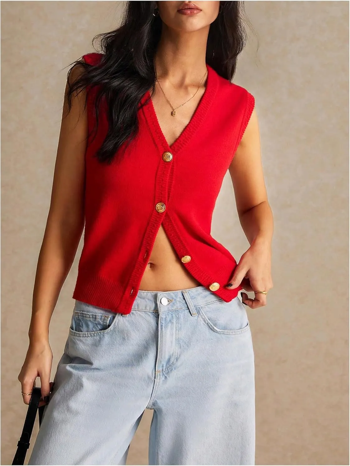 Women's V Neck Sweater Vest Button Down Sleeveless Vest Cardigan Casual Knit Vest