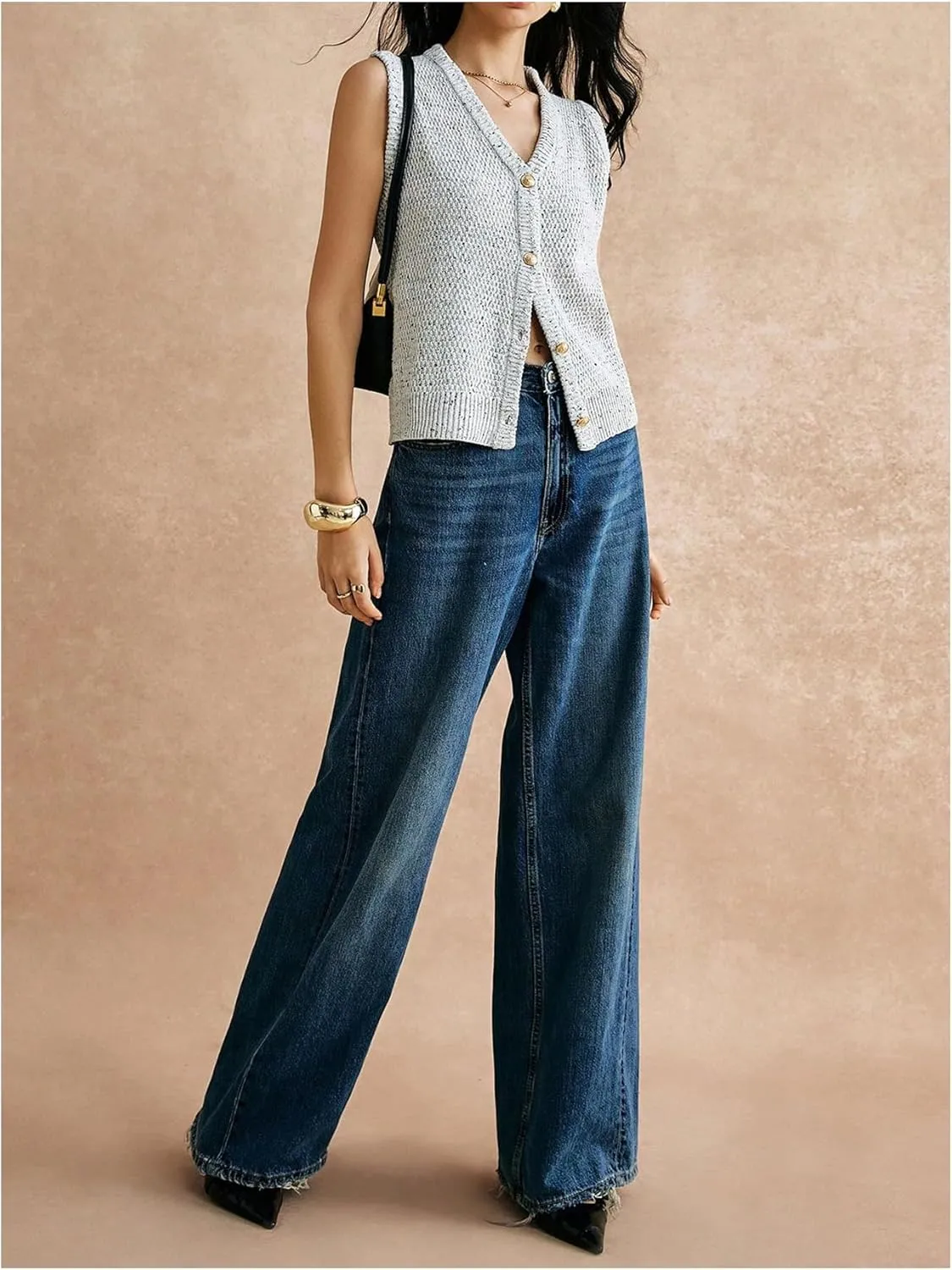 Women's V Neck Sweater Vest Button Down Sleeveless Vest Cardigan Casual Knit Vest