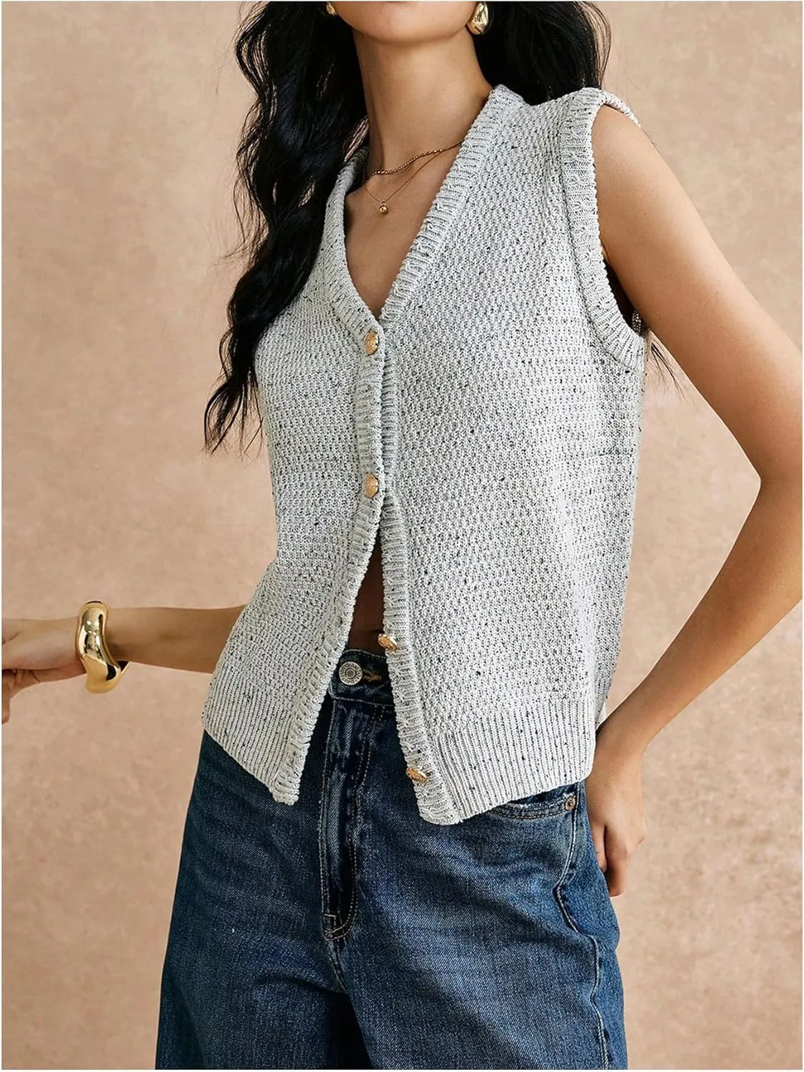 Women's V Neck Sweater Vest Button Down Sleeveless Vest Cardigan Casual Knit Vest