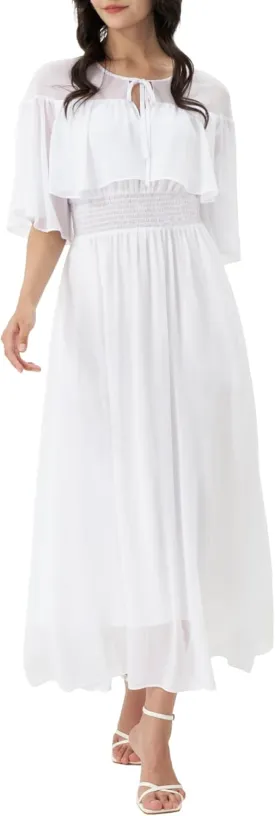 Women's White Chiffon Maxi Dress 2025 Spring Summer Boho Smocked Waist Short Sleeve A-Line Beach Dress with Pockets