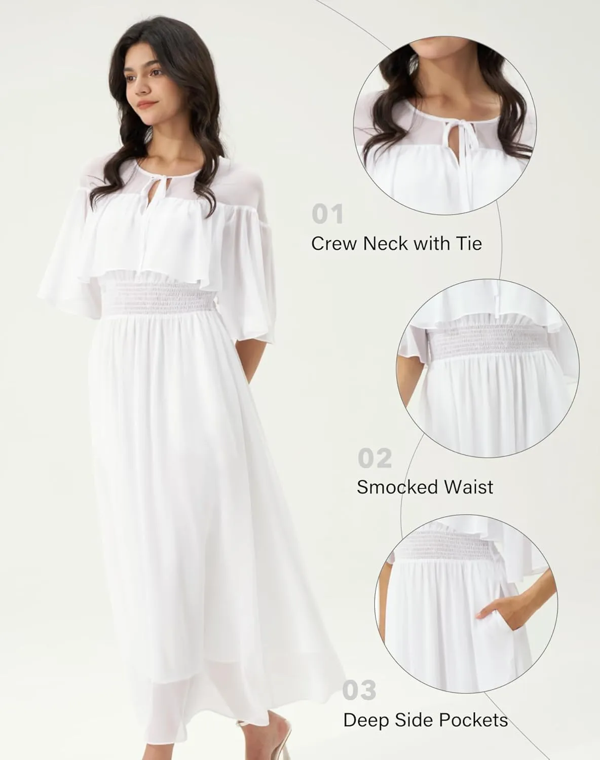 Women's White Chiffon Maxi Dress 2025 Spring Summer Boho Smocked Waist Short Sleeve A-Line Beach Dress with Pockets