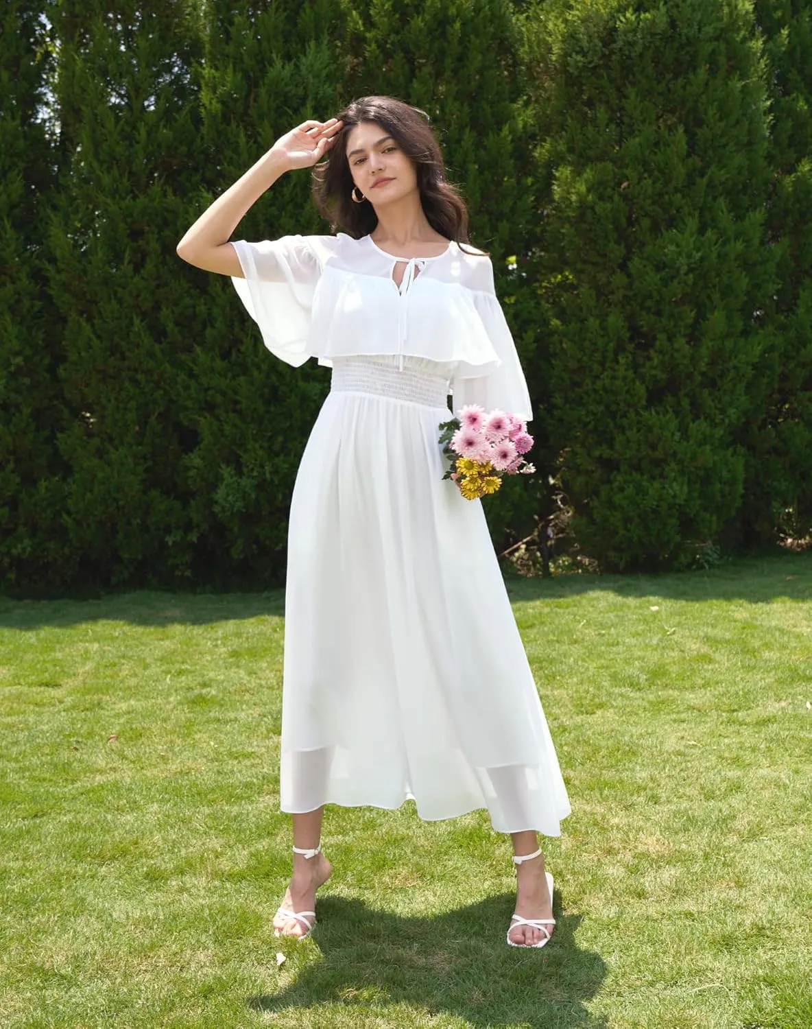 Women's White Chiffon Maxi Dress 2025 Spring Summer Boho Smocked Waist Short Sleeve A-Line Beach Dress with Pockets
