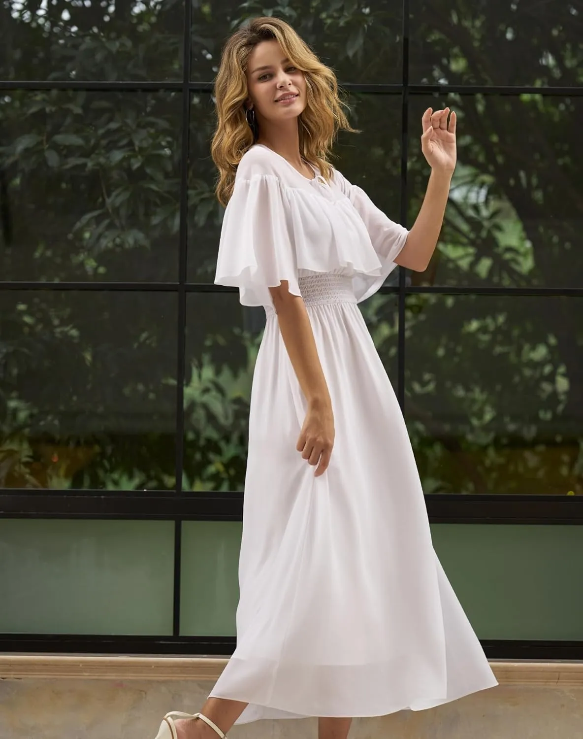 Women's White Chiffon Maxi Dress 2025 Spring Summer Boho Smocked Waist Short Sleeve A-Line Beach Dress with Pockets