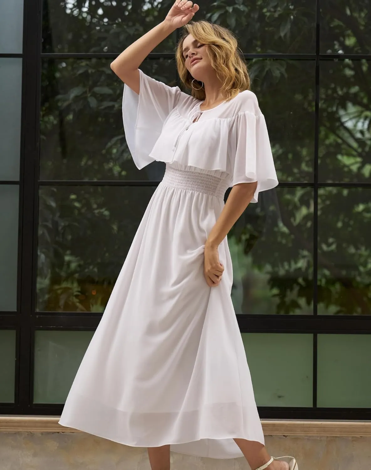 Women's White Chiffon Maxi Dress 2025 Spring Summer Boho Smocked Waist Short Sleeve A-Line Beach Dress with Pockets