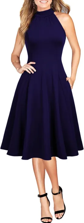 WOOSEA Womens Sleeveless Halter Neck Bodycon A-Line Cocktail Party Pockets Swing Dresses