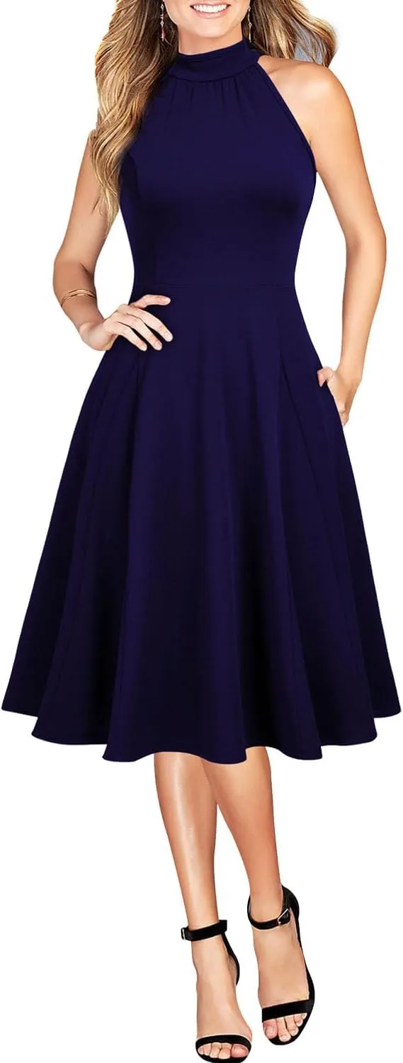 WOOSEA Womens Sleeveless Halter Neck Bodycon A-Line Cocktail Party Pockets Swing Dresses