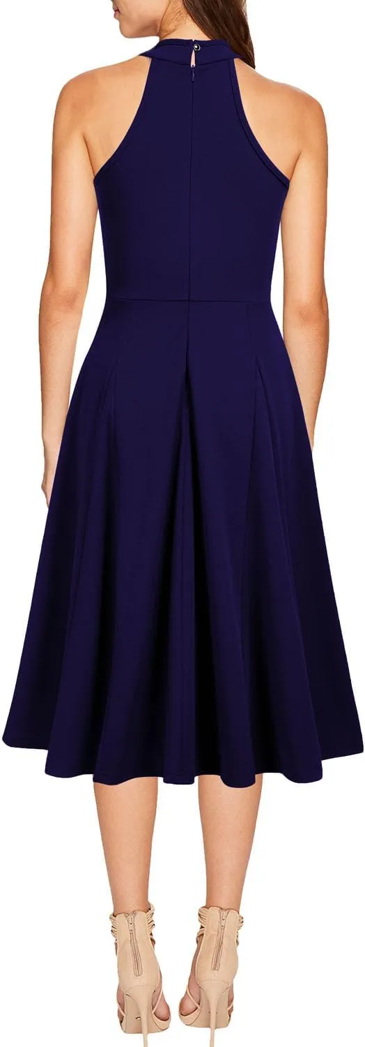 WOOSEA Womens Sleeveless Halter Neck Bodycon A-Line Cocktail Party Pockets Swing Dresses