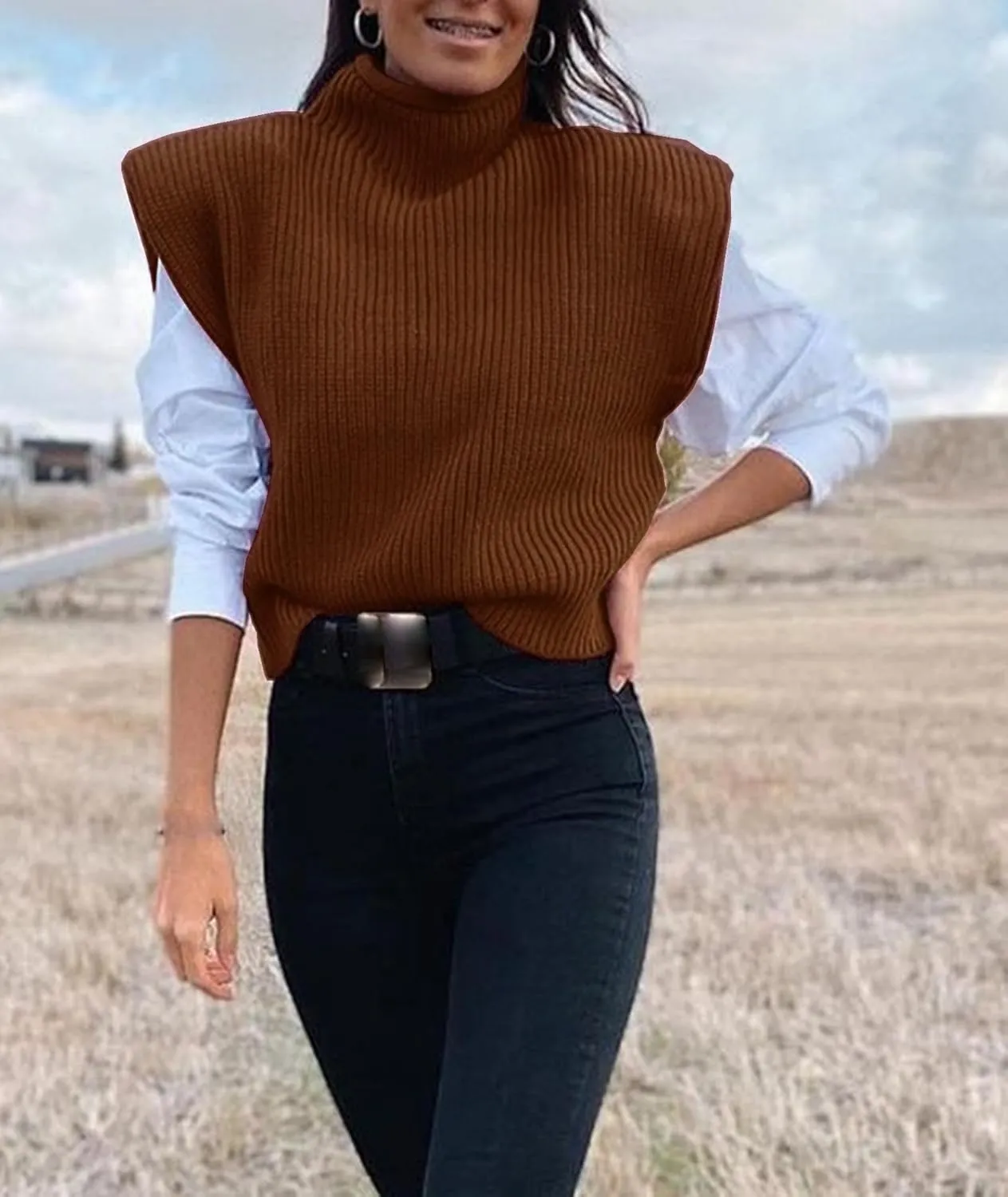 xxxiticat Women's Cap Sleeve Sweater Vest Mock Neck Knit Pullover Tank Shirt 2025 Trendy Spring Summer Sleeveless Cute Top