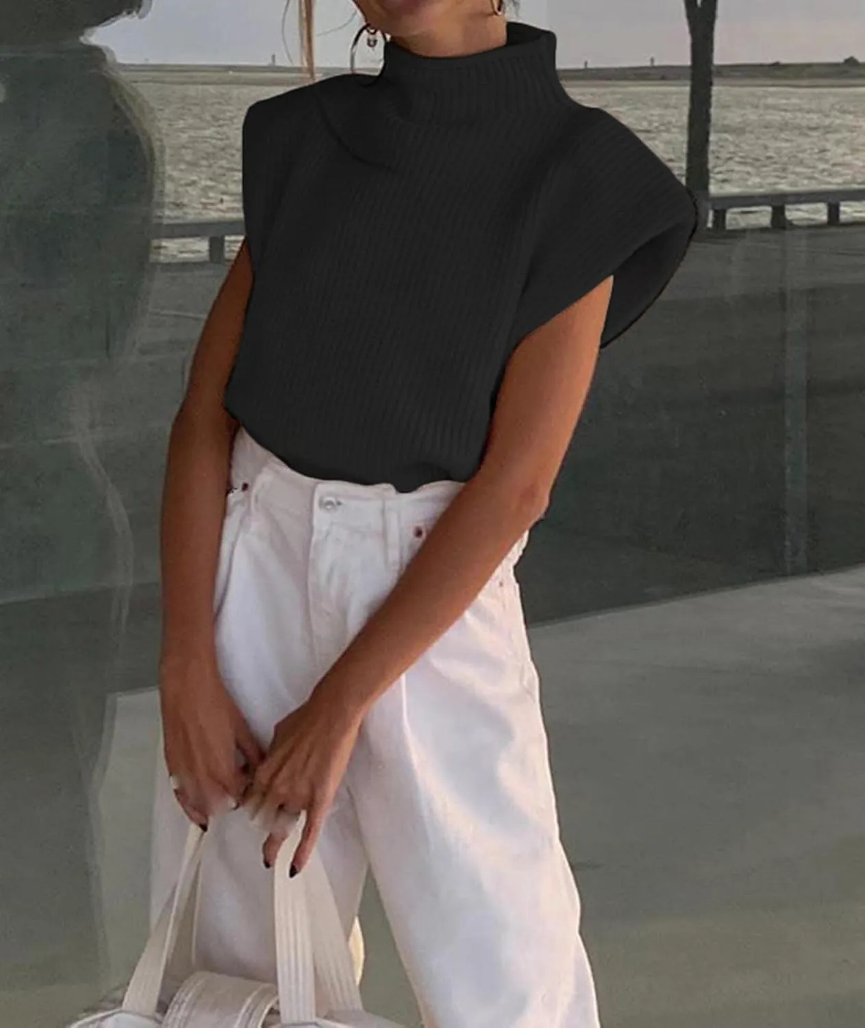 xxxiticat Women's Cap Sleeve Sweater Vest Mock Neck Knit Pullover Tank Shirt 2025 Trendy Spring Summer Sleeveless Cute Top