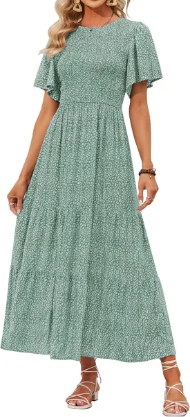 ZESICA Women's 2025 Summer Casual Floral Print Short Flutter Sleeve Crew Neck Smocked High Waist Flowy Maxi Dress