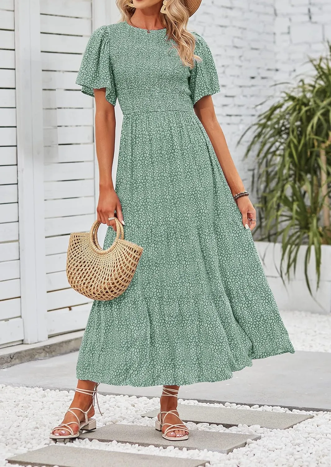 ZESICA Women's 2025 Summer Casual Floral Print Short Flutter Sleeve Crew Neck Smocked High Waist Flowy Maxi Dress