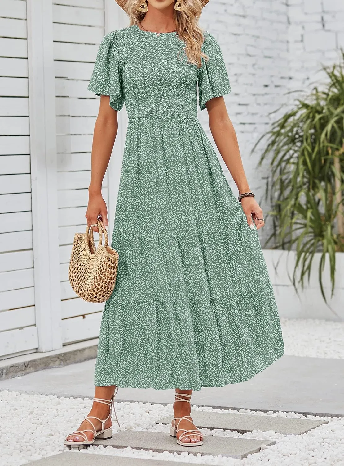 ZESICA Women's 2025 Summer Casual Floral Print Short Flutter Sleeve Crew Neck Smocked High Waist Flowy Maxi Dress