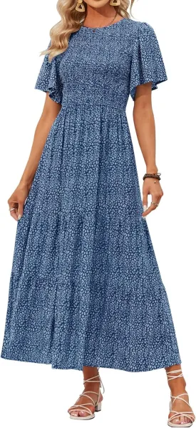 ZESICA Women's 2025 Summer Casual Floral Print Short Flutter Sleeve Crew Neck Smocked High Waist Flowy Maxi Dress