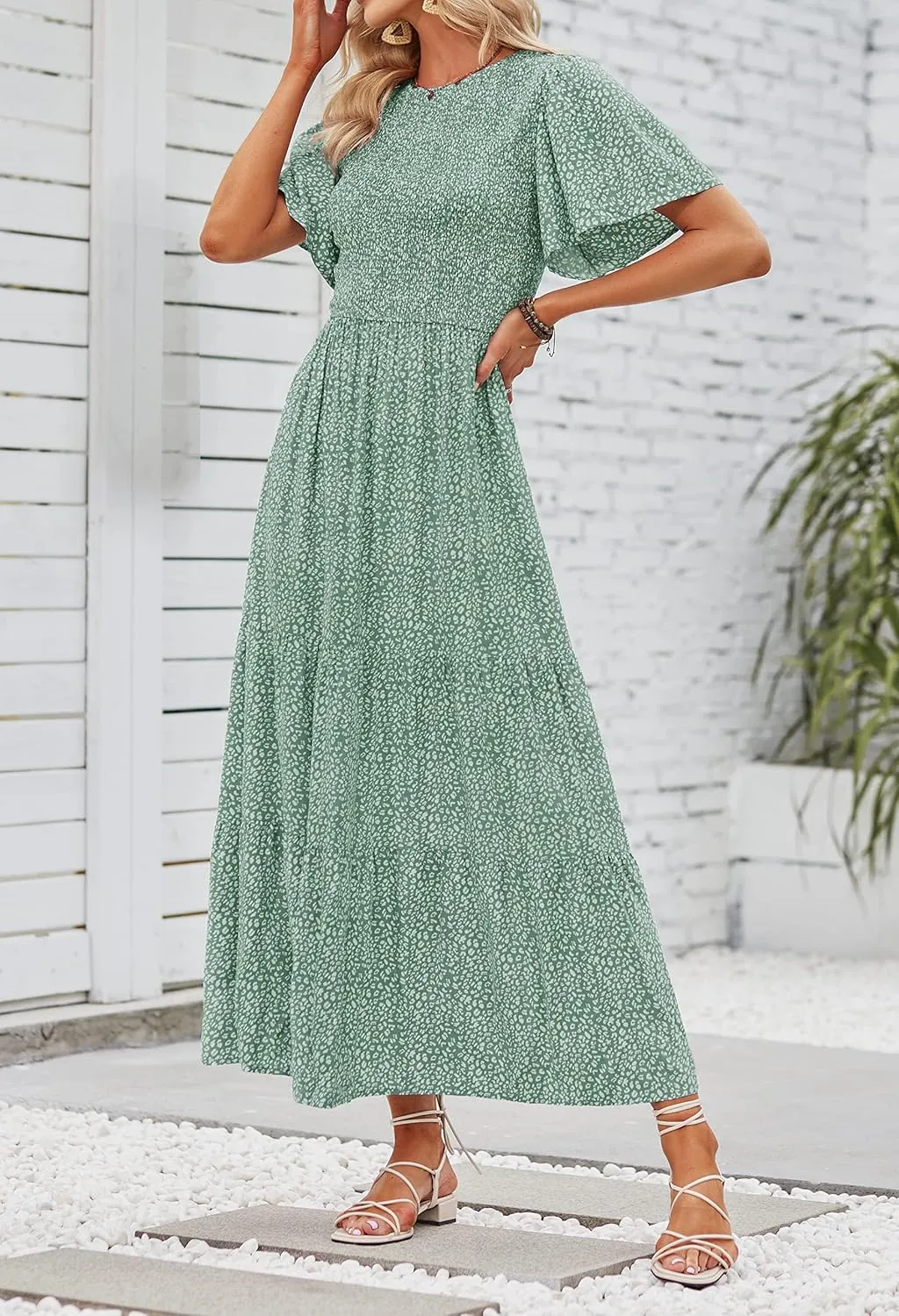 ZESICA Women's 2025 Summer Casual Floral Print Short Flutter Sleeve Crew Neck Smocked High Waist Flowy Maxi Dress