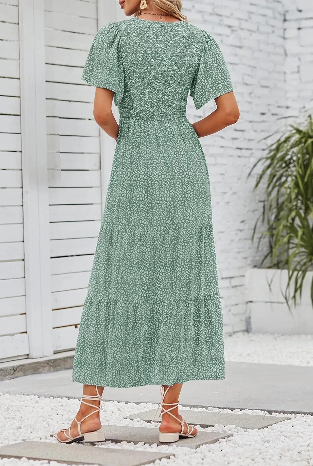ZESICA Women's 2025 Summer Casual Floral Print Short Flutter Sleeve Crew Neck Smocked High Waist Flowy Maxi Dress