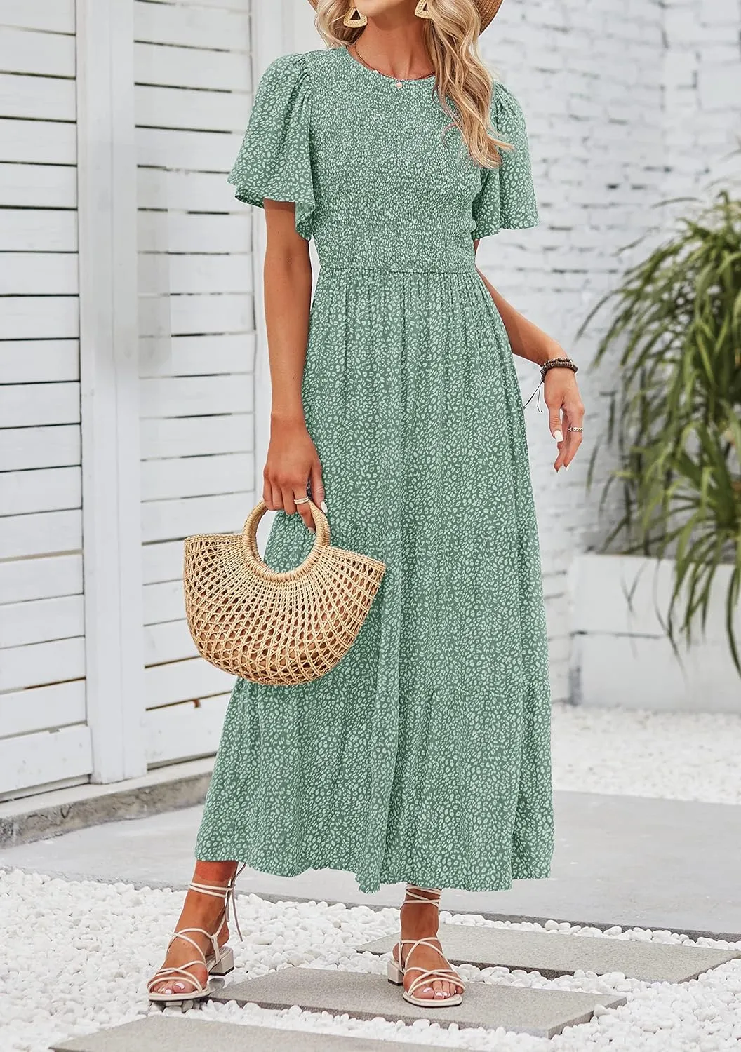ZESICA Women's 2025 Summer Casual Floral Print Short Flutter Sleeve Crew Neck Smocked High Waist Flowy Maxi Dress