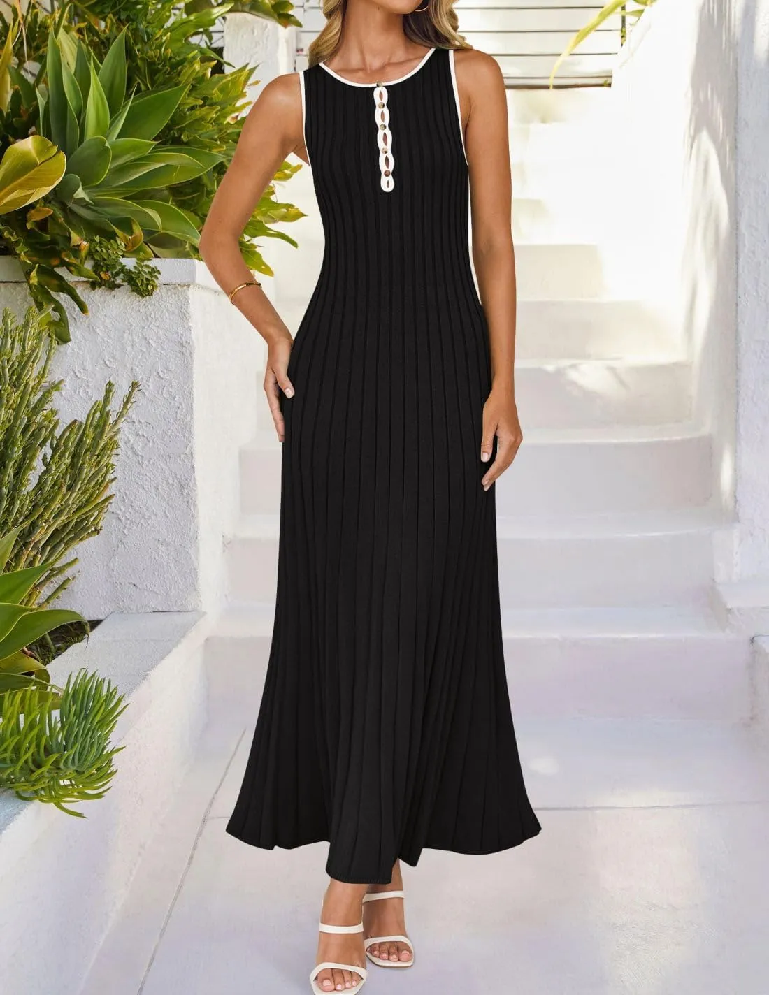 ZESICA Womens 2025 Summer Long Maxi Dress Sleeveless Crew Neck Hollow Out Pleated Ribbed Knit Swing Tank Dresses