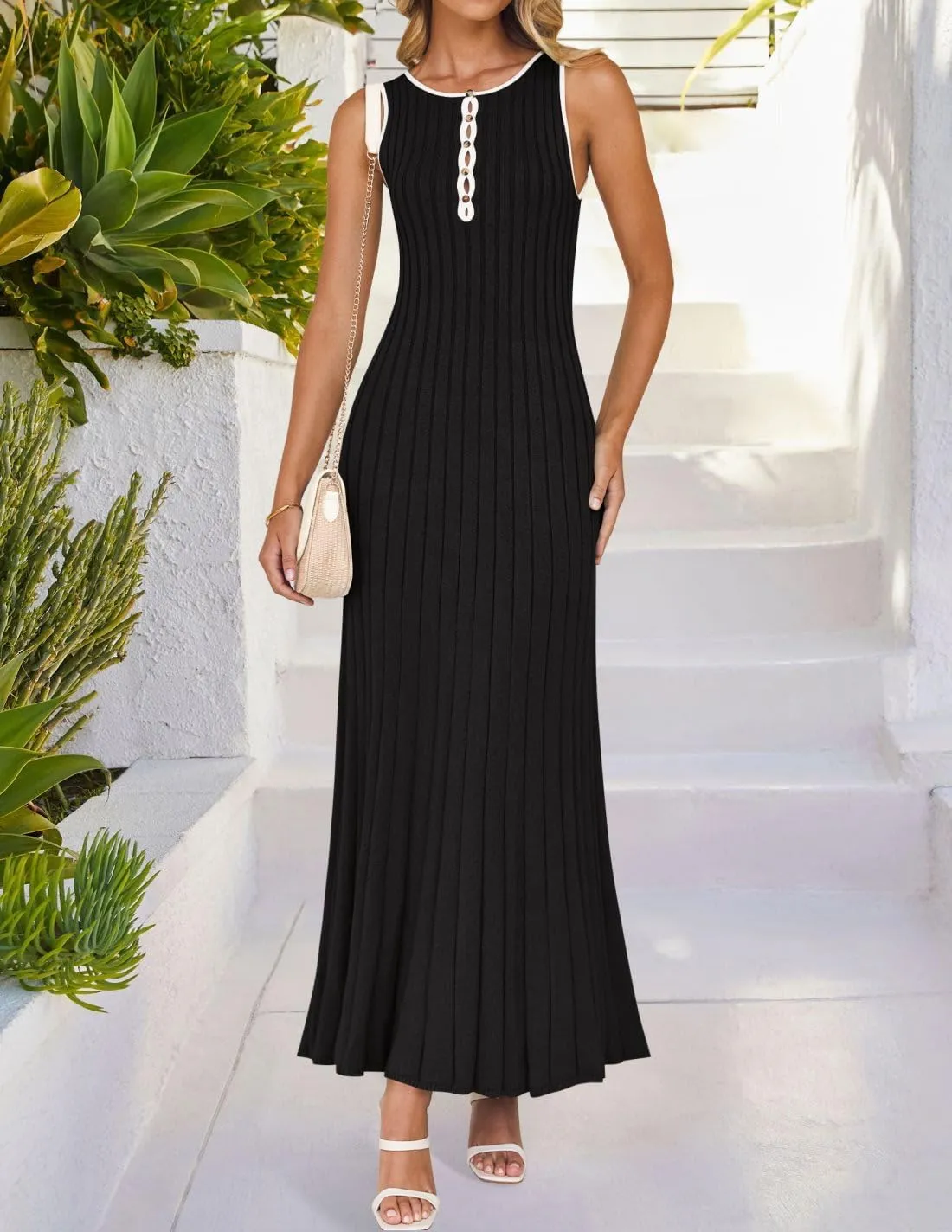 ZESICA Womens 2025 Summer Long Maxi Dress Sleeveless Crew Neck Hollow Out Pleated Ribbed Knit Swing Tank Dresses