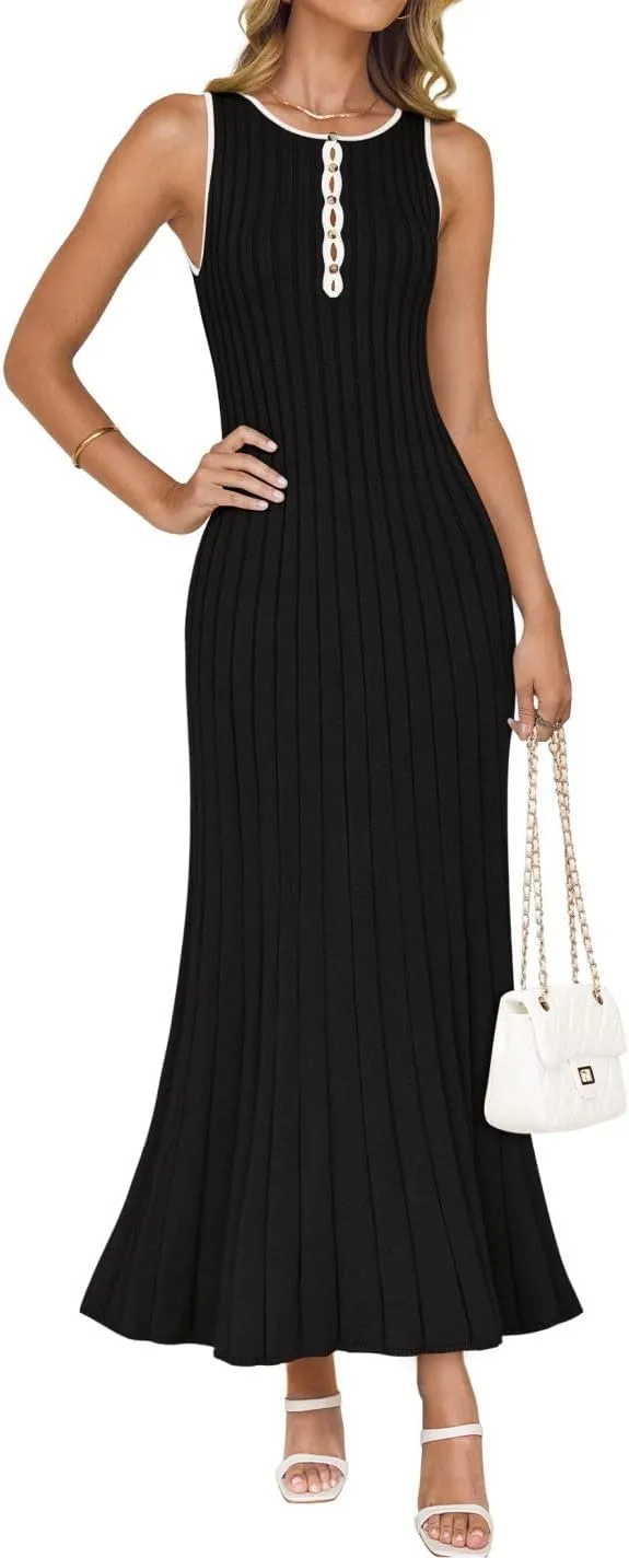 ZESICA Womens 2025 Summer Long Maxi Dress Sleeveless Crew Neck Hollow Out Pleated Ribbed Knit Swing Tank Dresses