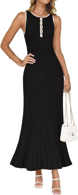 ZESICA Womens 2025 Summer Long Maxi Dress Sleeveless Crew Neck Hollow Out Pleated Ribbed Knit Swing Tank Dresses