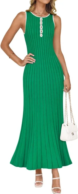 ZESICA Womens 2025 Summer Long Maxi Dress Sleeveless Crew Neck Hollow Out Pleated Ribbed Knit Swing Tank Dresses