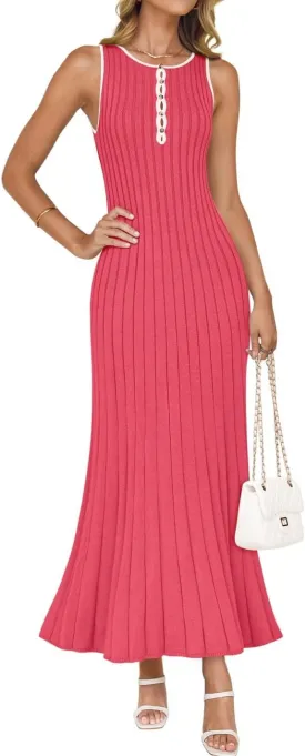 ZESICA Womens 2025 Summer Long Maxi Dress Sleeveless Crew Neck Hollow Out Pleated Ribbed Knit Swing Tank Dresses