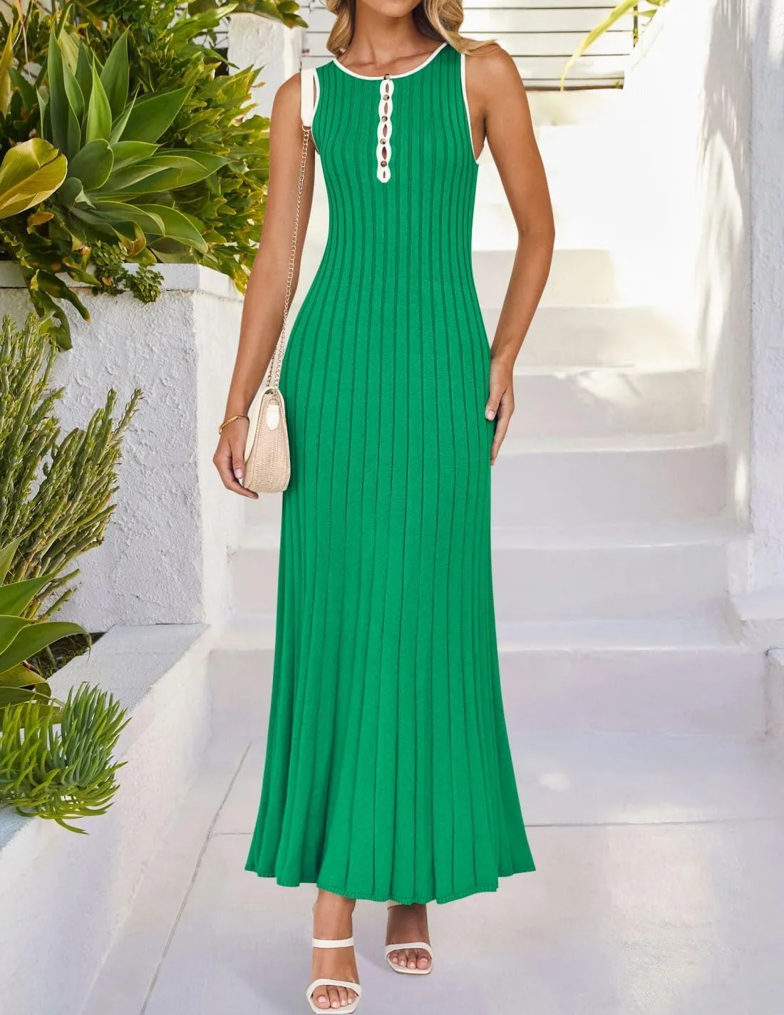 ZESICA Womens 2025 Summer Long Maxi Dress Sleeveless Crew Neck Hollow Out Pleated Ribbed Knit Swing Tank Dresses