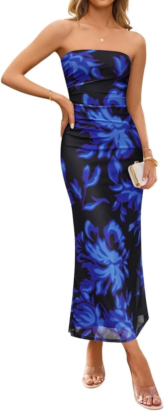 ZESICA Womens Boho Floral Strapless Maxi Dress 2025 Summer Off Shoulder Bodycon Beach Party Long Dresses