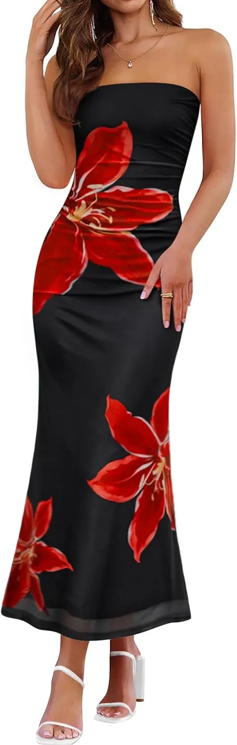 ZESICA Womens Boho Floral Strapless Maxi Dress 2025 Summer Off Shoulder Bodycon Beach Party Long Dresses