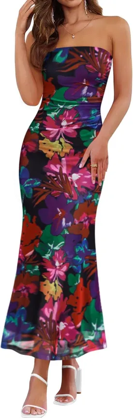 ZESICA Womens Boho Floral Strapless Maxi Dress 2025 Summer Off Shoulder Bodycon Beach Party Long Dresses