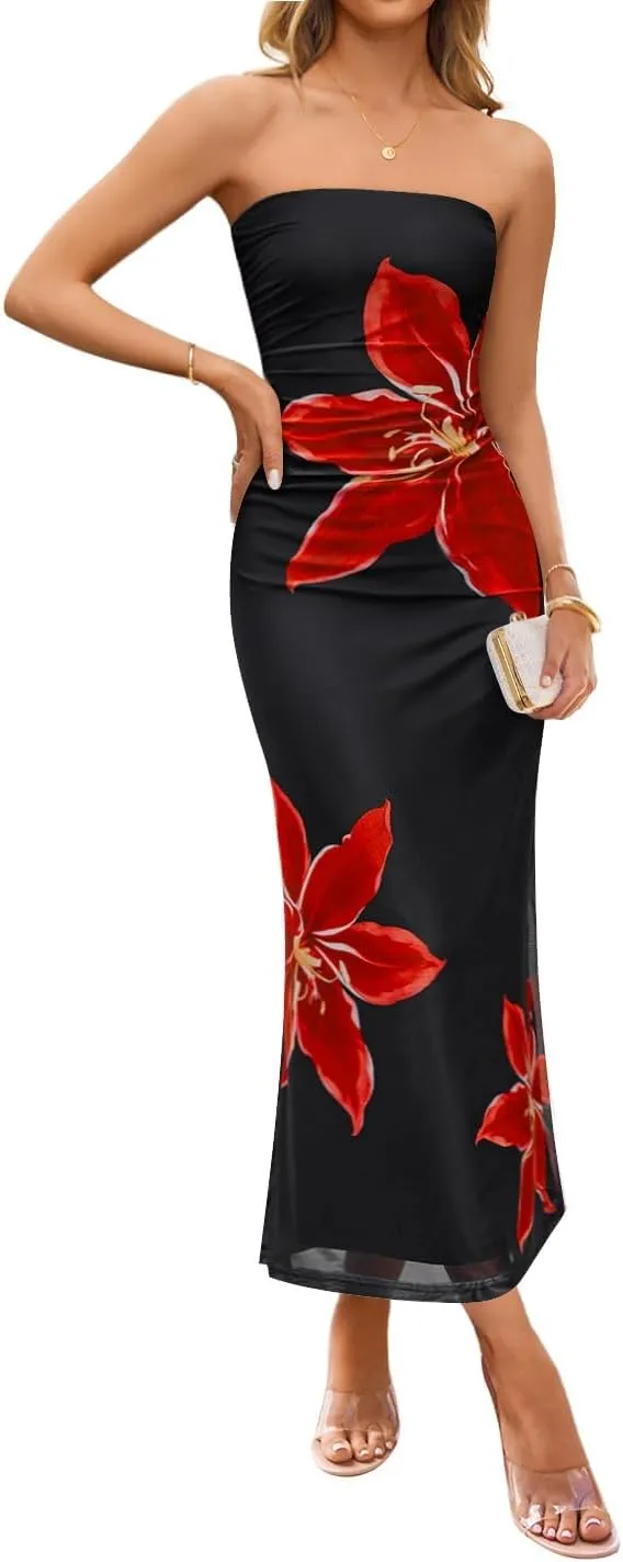 ZESICA Womens Boho Floral Strapless Maxi Dress 2025 Summer Off Shoulder Bodycon Beach Party Long Dresses