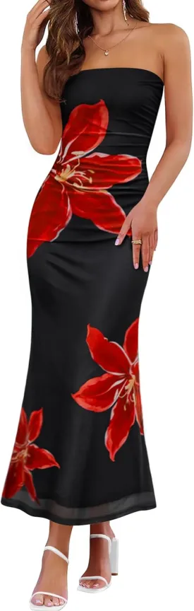ZESICA Womens Boho Floral Strapless Maxi Dress 2025 Summer Off Shoulder Bodycon Beach Party Long Dresses