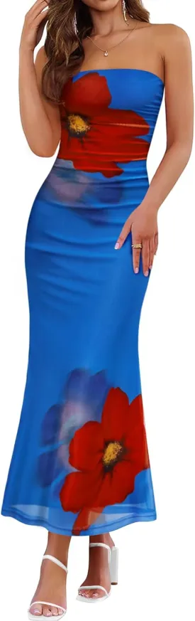 ZESICA Womens Boho Floral Strapless Maxi Dress 2025 Summer Off Shoulder Bodycon Beach Party Long Dresses