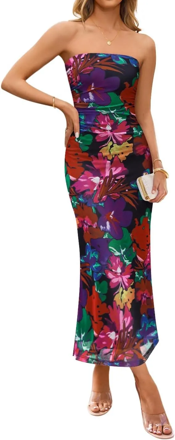 ZESICA Womens Boho Floral Strapless Maxi Dress 2025 Summer Off Shoulder Bodycon Beach Party Long Dresses